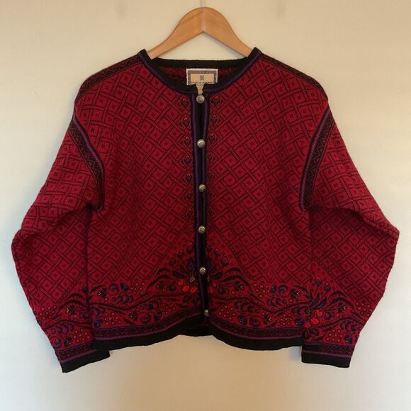 Dale Of Norway Womans M Wool Cardigan Sweater Red Nordic Fair isle Floral - Picture 1 of 15